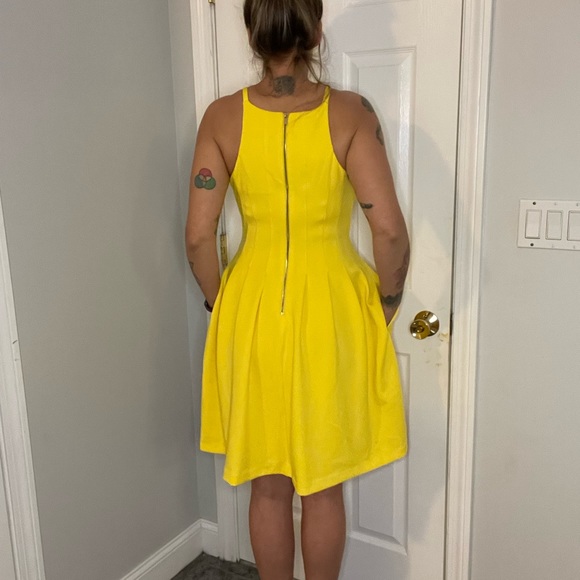 Calvin Klein Yellow Pleated Skater Dress with High Neckline - Picture 10 of 14